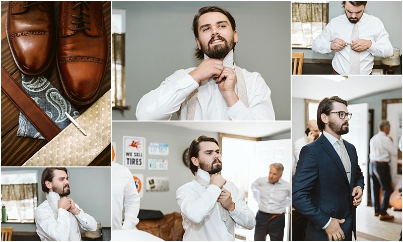 Premier snohomish & seattle wedding photographer | gsquared weddings photography a collage captures a snohomish groom preparing for his seattle wedding close ups of brown dress shoes tie and cufflinks the groom adjusting his tie and collar and him in a suit assisted by others in a bright room | serving snohomish seattle                   & beyond