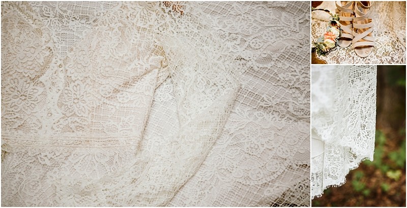 Premier snohomish & seattle wedding photographer | gsquared weddings photography close up of intricate white lace fabric with smaller images showing tan strappy sandals a small bouquet and the lace hem of a dress near greeneryperfect inspiration for your snohomish or seattle wedding engagement | serving snohomish seattle                   & beyond