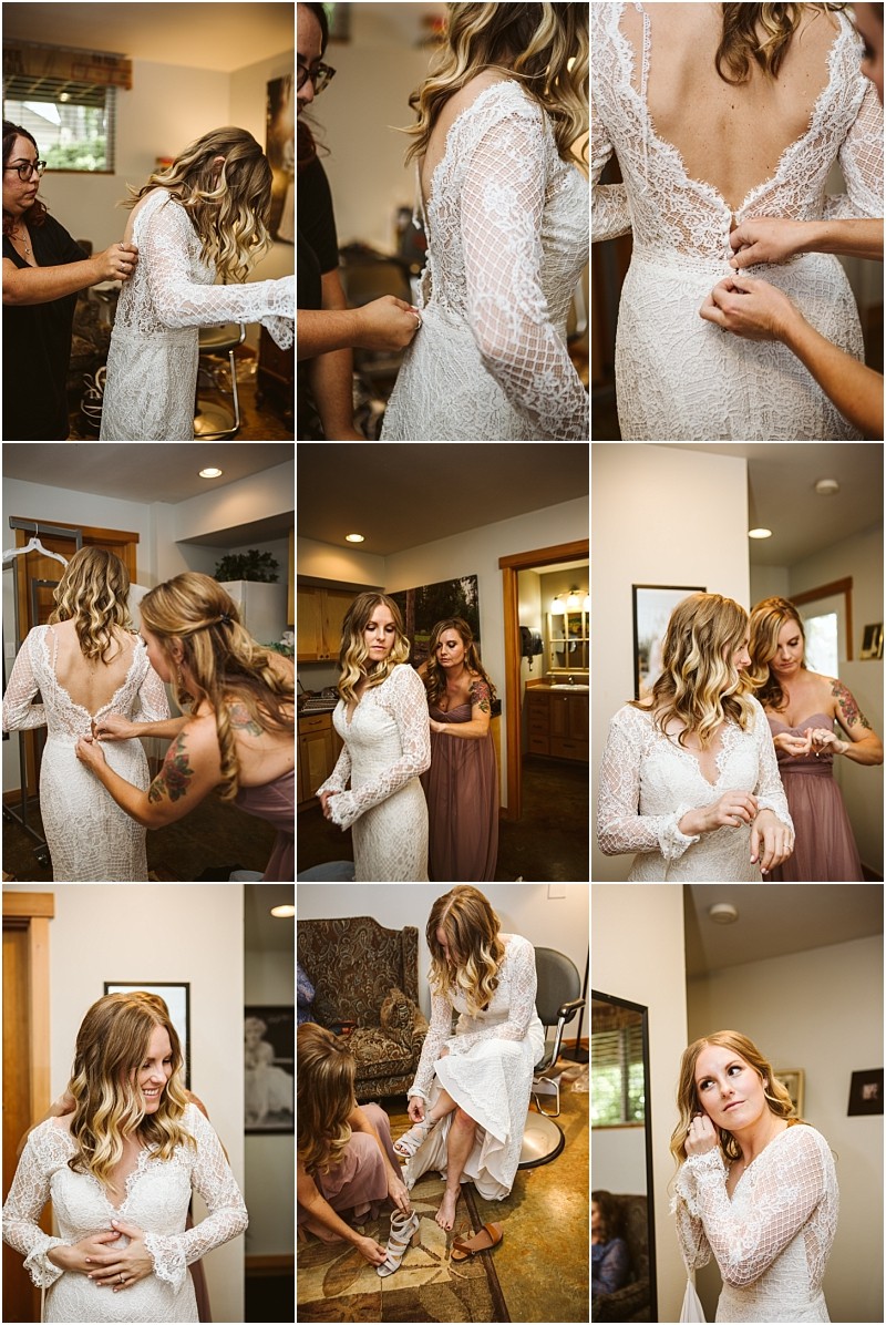 Premier snohomish & seattle wedding photographer | gsquared weddings photography a collage of nine photos shows a bride in a lace wedding dress being helped by friends to get ready adjusting her gown and putting on shoes in a cozy indoor setting before a snohomish seattle wedding | serving snohomish seattle                   & beyond