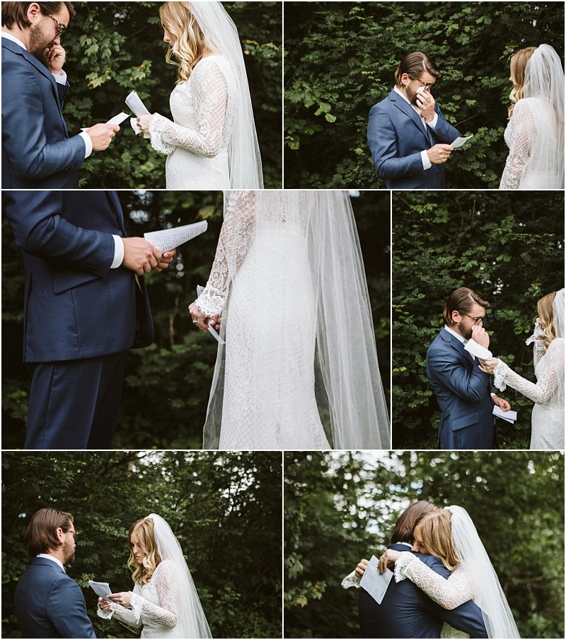 Premier snohomish & seattle wedding photographer | gsquared weddings photography a bride and groom stand outdoors at their snohomish wedding reading heartfelt letters to each other Both appear emotional with the groom wiping away tears and the couple shares a comforting embrace surrounded by greenery | serving snohomish seattle                   & beyond