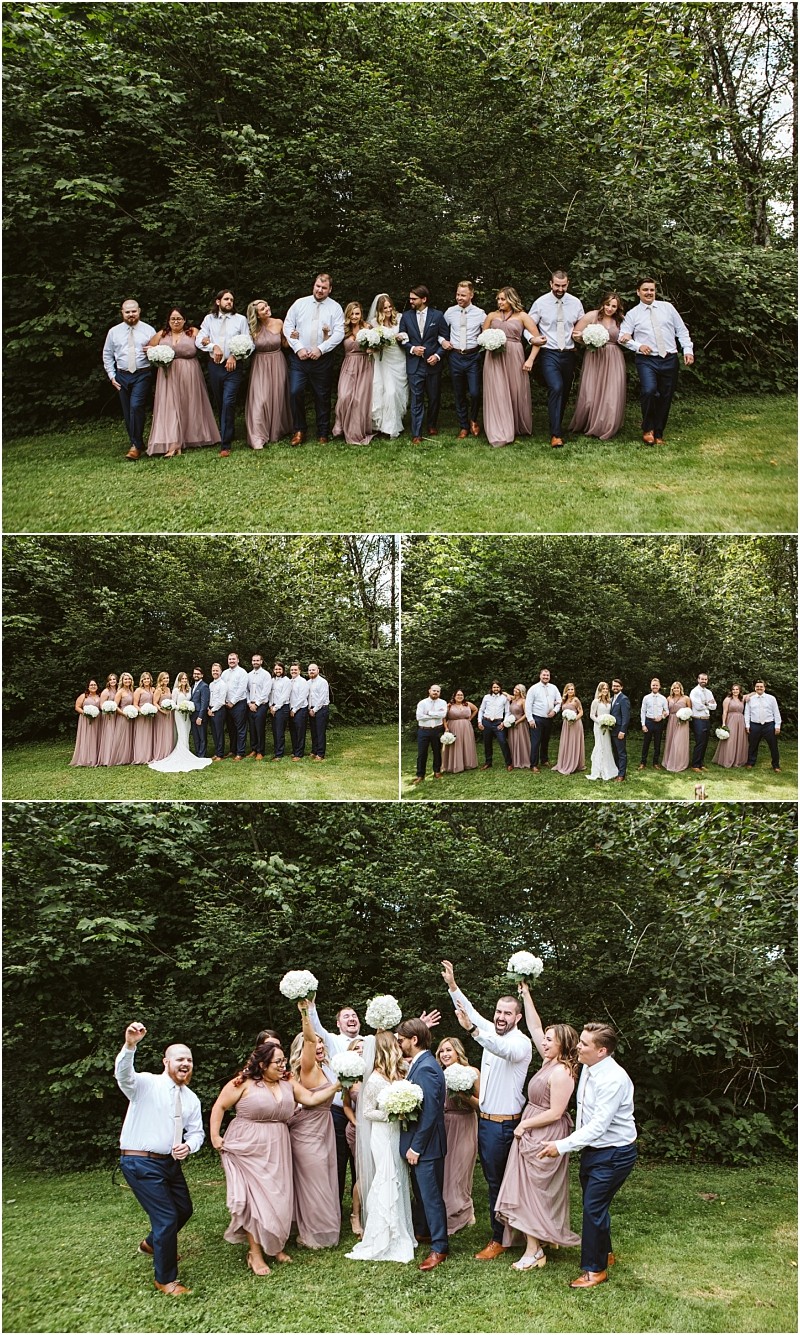 Premier snohomish & seattle wedding photographer | gsquared weddings photography a wedding party of ten poses outdoors in snohomish near seattle dressed in formal attire Bridesmaids in mauve dresses and groomsmen in white shirts and blue pants celebrate together on the green grass Perfect for a wedding or engagement shoot | serving snohomish seattle                   & beyond