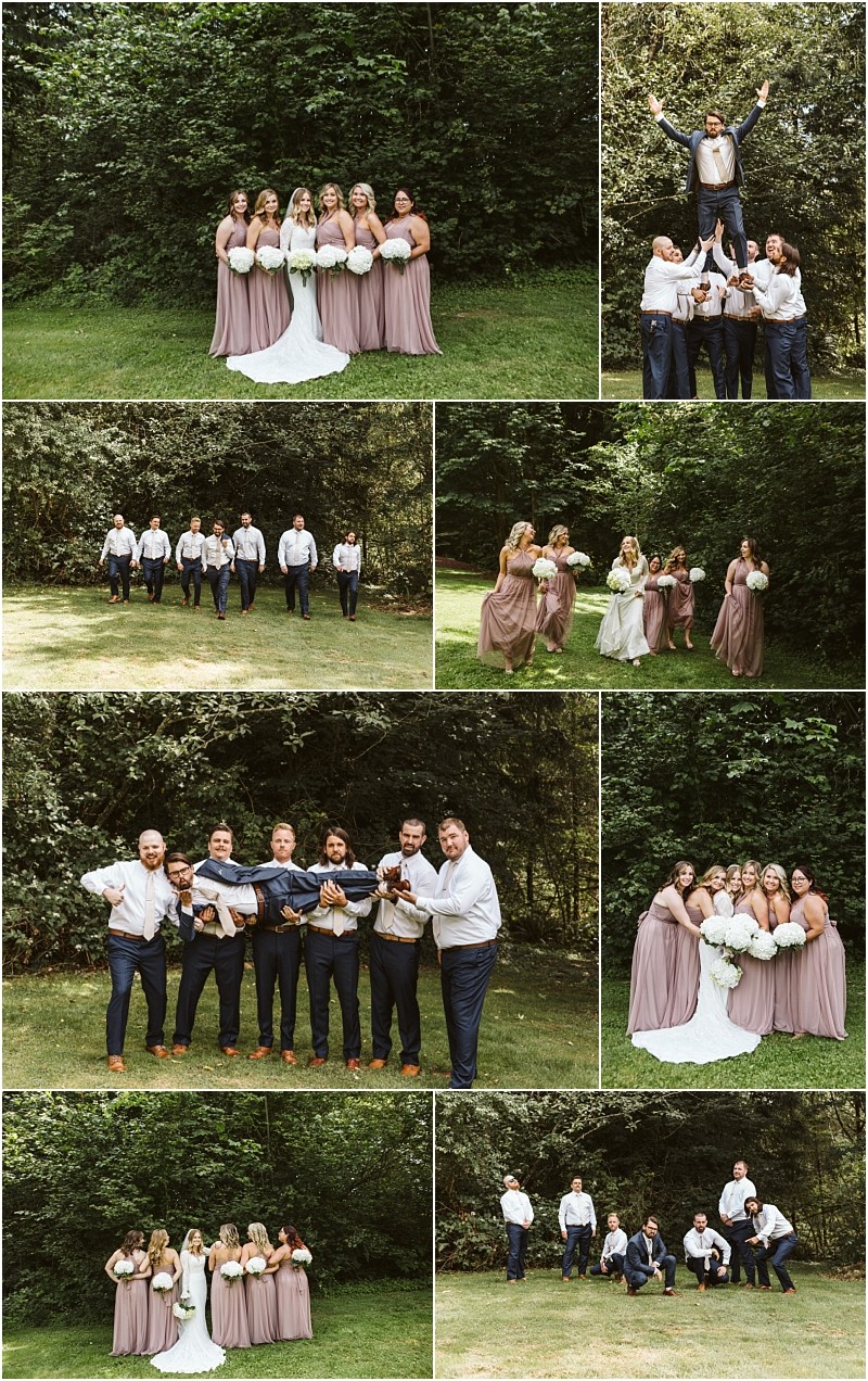 Premier snohomish & seattle wedding photographer | gsquared weddings photography a collage of snohomish outdoor wedding photos shows a bride in white with bridesmaids in mauve and groomsmen in navy all posing and having fun in a lush wooded settingcapturing the joy of a seattle wedding engagement | serving snohomish seattle                   & beyond
