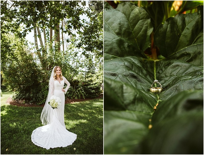 Premier snohomish & seattle wedding photographer | gsquared weddings photography a snohomish bride in a white lace gown stands on grass holding a bouquet surrounded by greenery Beside her two wedding rings rest on a large green leaf capturing the essence of a seattle wedding engagement | serving snohomish seattle & beyond Premier snohomish & seattle wedding photographer | gsquared weddings photography a snohomish bride in a white lace gown stands on grass holding a bouquet surrounded by greenery Beside her two wedding rings rest on a large green leaf capturing the essence of a seattle wedding engagement | serving snohomish seattle & beyond
