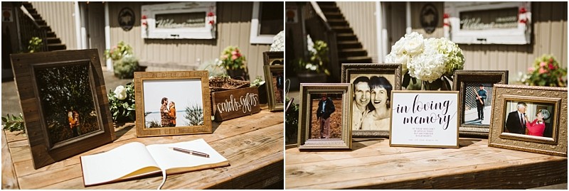 Premier snohomish & seattle wedding photographer | gsquared weddings photography two wooden tables at this snohomish wedding display framed family photos a bouquet of white flowers a friends of the bride sign and an open guest book with a penperfect for capturing memories at your seattle engagement or outdoor celebration | serving snohomish seattle                   & beyond