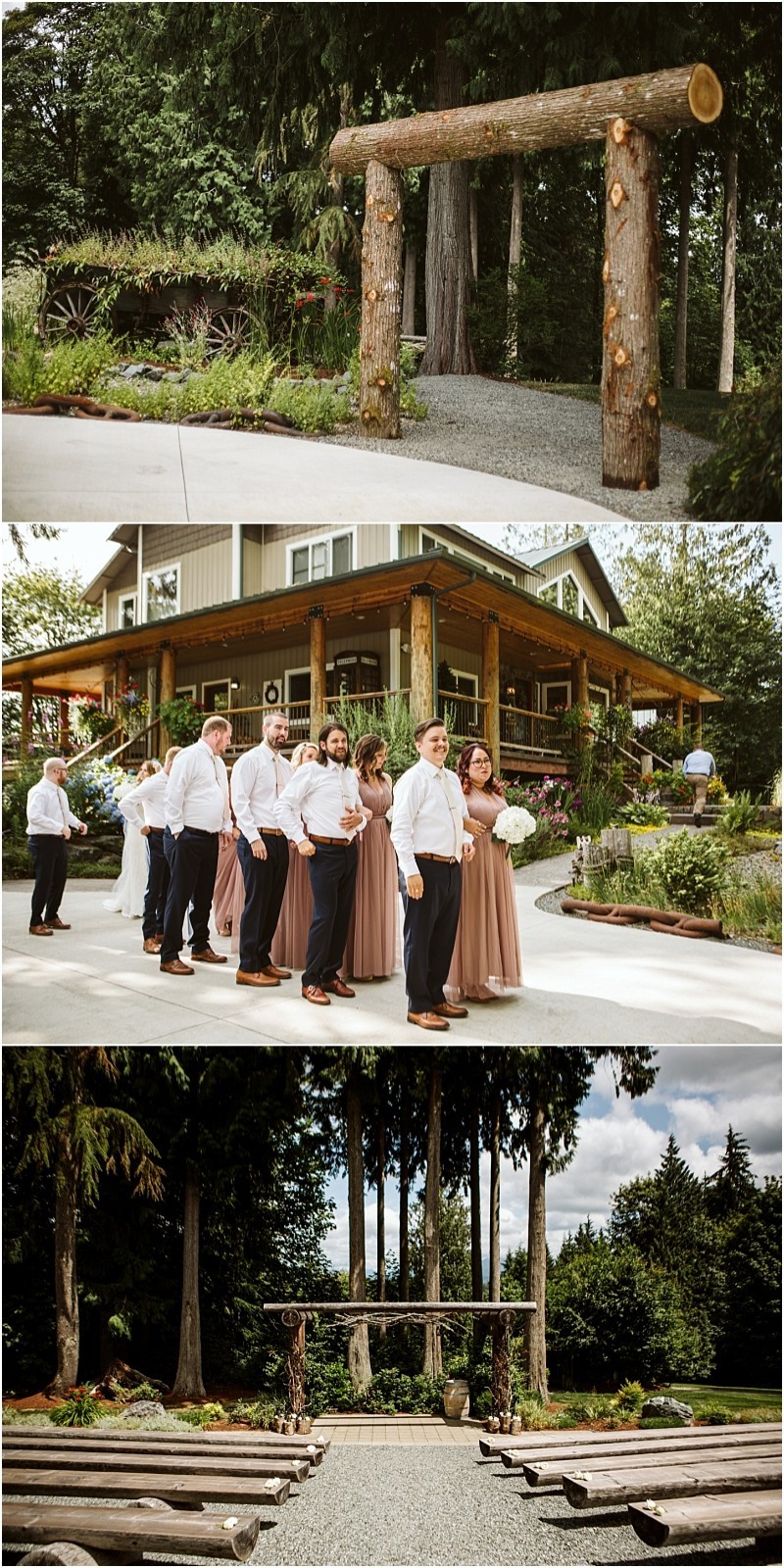 Premier snohomish & seattle wedding photographer | gsquared weddings photography three images a rustic wooden archway at an outdoor snohomish venue a group in formal attire posing together and a ceremony space with benches facing a wooden arch amid tall treesperfect for a seattle wedding or engagement | serving snohomish seattle                   & beyond