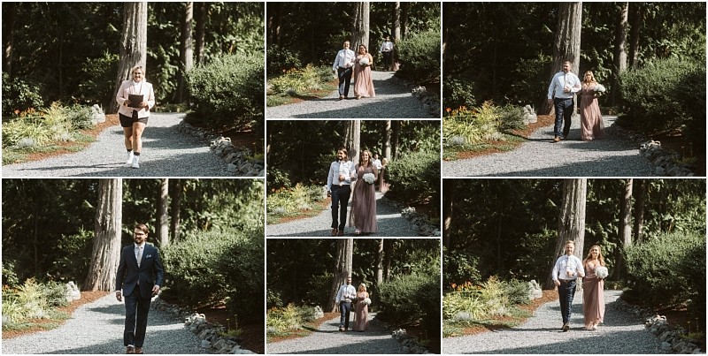 Premier snohomish & seattle wedding photographer | gsquared weddings photography a collage of eight photos shows different people walking on a gravel path through a wooded snohomish garden some in pairs and some alone dressed in formal and semi formal attire for what appears to be a seattle wedding or outdoor event | serving snohomish seattle                   & beyond