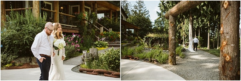 Premier snohomish & seattle wedding photographer | gsquared weddings photography a bride in a white dress holding a bouquet walks outdoors with a man in a white shirt passing gardens and rustic wood structures on a sunny snohomish wedding day | serving snohomish seattle                   & beyond