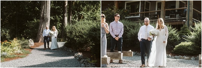 Premier snohomish & seattle wedding photographer | gsquared weddings photography a bride in a white gown walks with an older man down a gravel path at a snohomish wedding then stands holding a bouquet beside a bearded man and another person in front of a wooden building surrounded by greenery | serving snohomish seattle                   & beyond