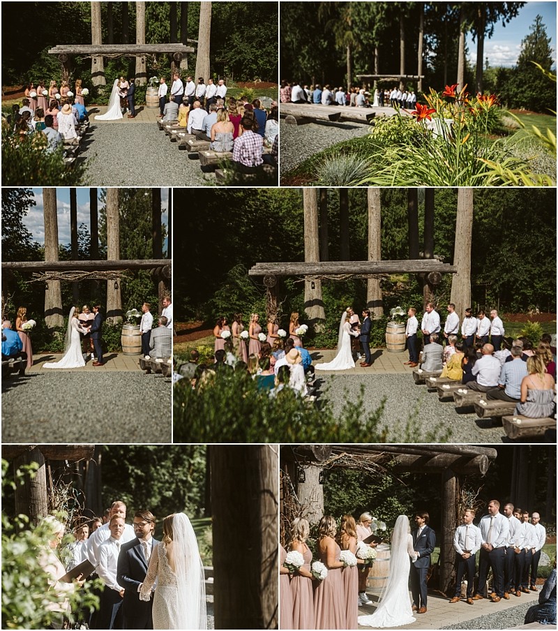 Premier snohomish & seattle wedding photographer | gsquared weddings photography a collage of snohomish outdoor wedding photos shows a couple exchanging vows at a rustic wooden altar The bridal party stands on either side guests are seated and lush greenery surrounds the sunlit ceremony | serving snohomish seattle & beyond Premier snohomish & seattle wedding photographer | gsquared weddings photography a collage of snohomish outdoor wedding photos shows a couple exchanging vows at a rustic wooden altar The bridal party stands on either side guests are seated and lush greenery surrounds the sunlit ceremony | serving snohomish seattle & beyond