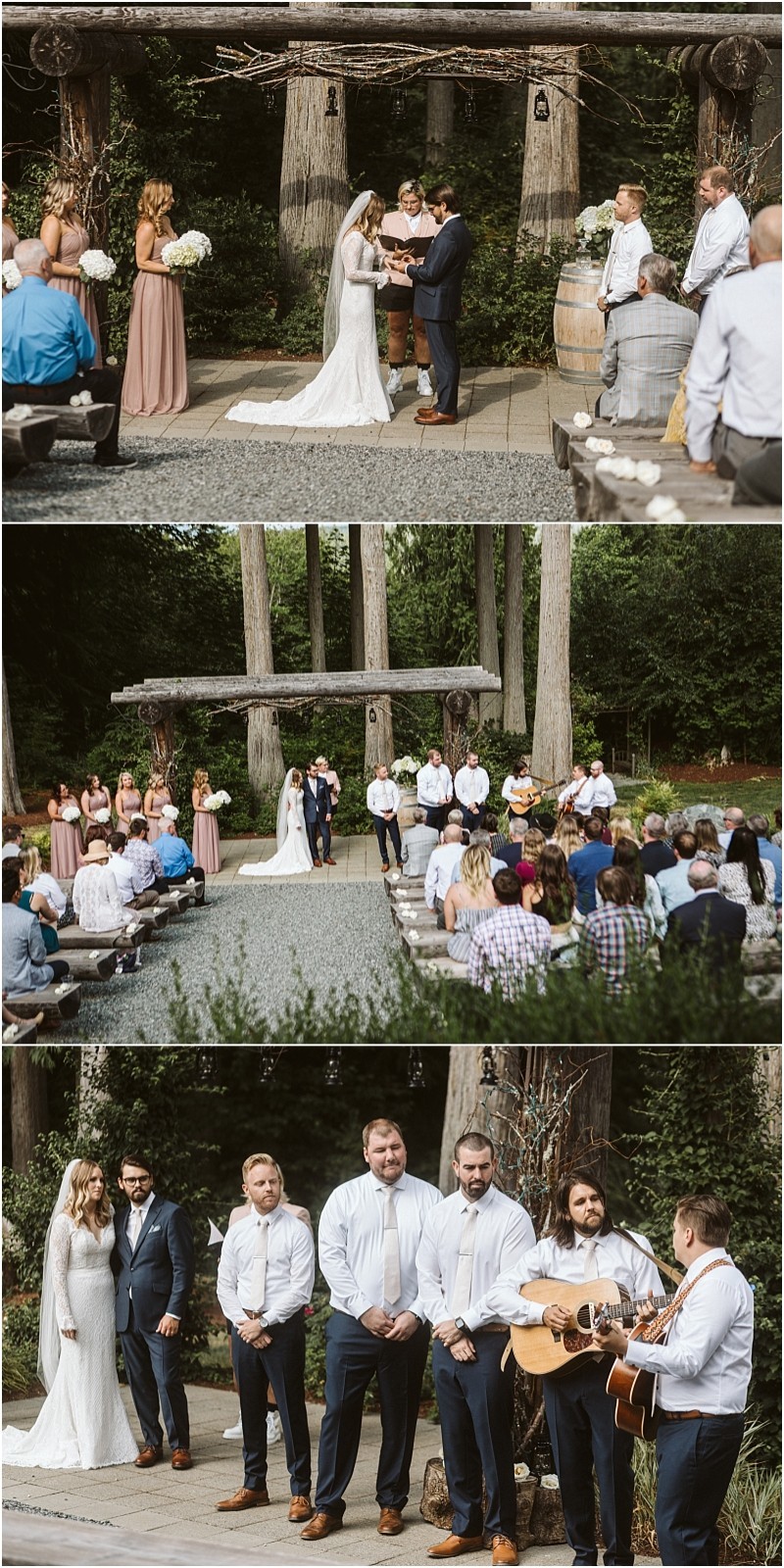 Premier snohomish & seattle wedding photographer | gsquared weddings photography three photos capture a snohomish outdoor wedding ceremony a couple exchanges vows under a rustic wooden arch guests watch from benches and the wedding party stands together as musicians play guitar Everyone is dressed in formal attire | serving snohomish seattle                   & beyond