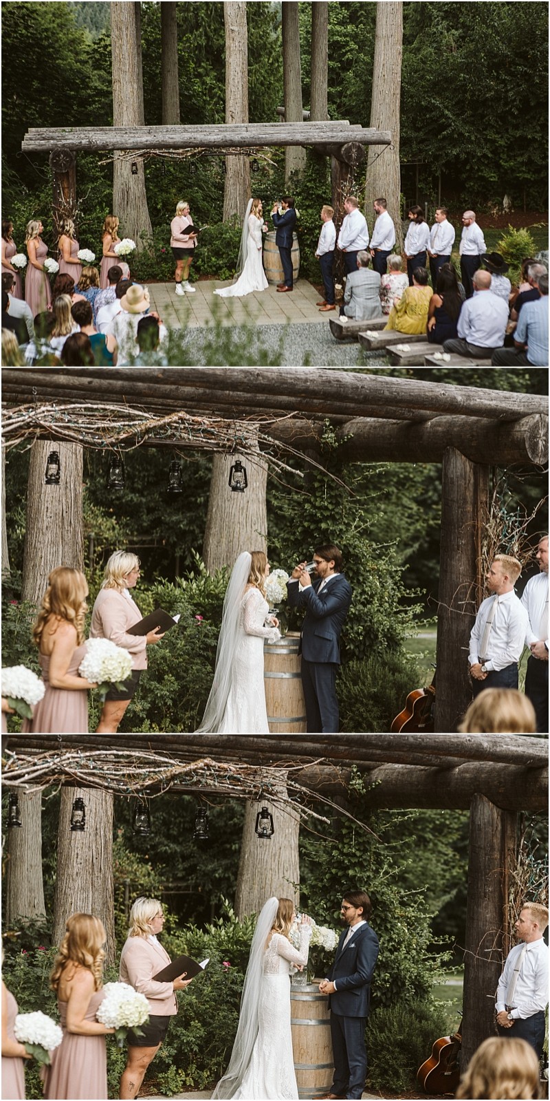 Premier snohomish & seattle wedding photographer | gsquared weddings photography a bride and groom exchange vows outdoors in a wooded snohomish setting surrounded by their wedding party and guests Bridesmaids wear blush dresses groomsmen wear white shirts at this rustic seattle wedding featuring wooden beams and greenery | serving snohomish seattle & beyond Premier snohomish & seattle wedding photographer | gsquared weddings photography a bride and groom exchange vows outdoors in a wooded snohomish setting surrounded by their wedding party and guests Bridesmaids wear blush dresses groomsmen wear white shirts at this rustic seattle wedding featuring wooden beams and greenery | serving snohomish seattle & beyond