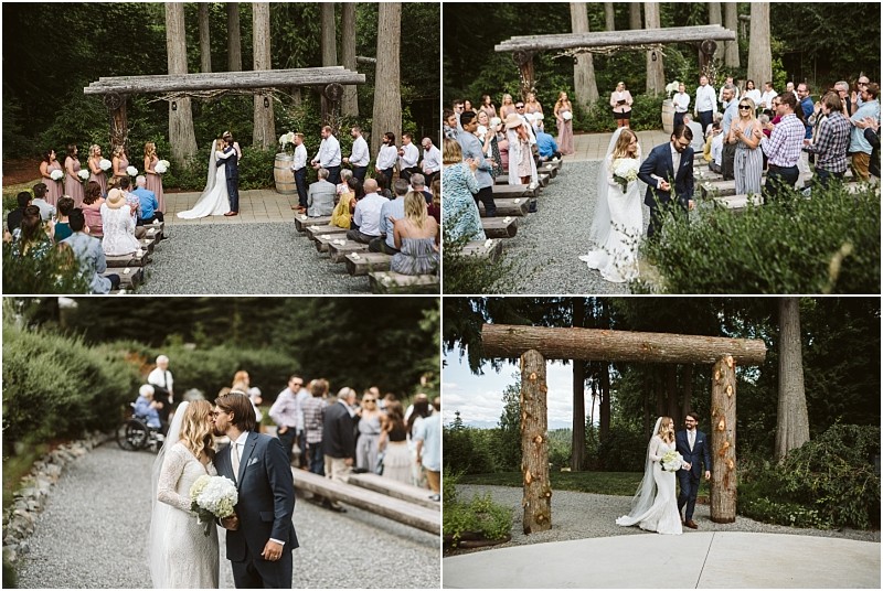 Premier snohomish & seattle wedding photographer | gsquared weddings photography a collage of four snohomish wedding photos shows a couple getting married in a forest setting exchanging vows and walking together surrounded by guests seated on wooden benches | serving snohomish seattle                   & beyond