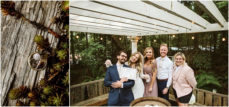 Premier snohomish & seattle wedding photographer | gsquared weddings photography split image left shows two rings on rustic wood with small pinecones evoking a snohomish seattle wedding vibe right shows five smiling people under a pergola one in a white dress holding a certificate surrounded by greenery | serving snohomish seattle & beyond Premier snohomish & seattle wedding photographer | gsquared weddings photography split image left shows two rings on rustic wood with small pinecones evoking a snohomish seattle wedding vibe right shows five smiling people under a pergola one in a white dress holding a certificate surrounded by greenery | serving snohomish seattle & beyond
