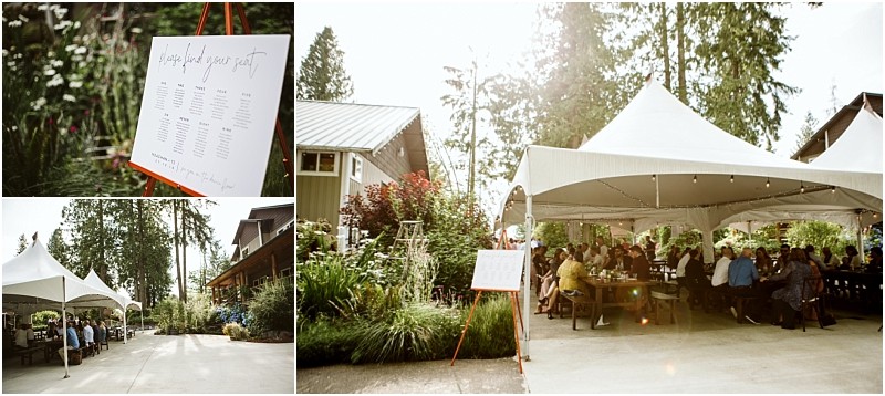 Premier snohomish & seattle wedding photographer | gsquared weddings photography a summer outdoor snohomish wedding with white tents guests seated at tables and a seating chart sign displayed on an easel near lush greenery and garden surroundings Sunlight filters through trees in the background | serving snohomish seattle & beyond Premier snohomish & seattle wedding photographer | gsquared weddings photography a summer outdoor snohomish wedding with white tents guests seated at tables and a seating chart sign displayed on an easel near lush greenery and garden surroundings Sunlight filters through trees in the background | serving snohomish seattle & beyond