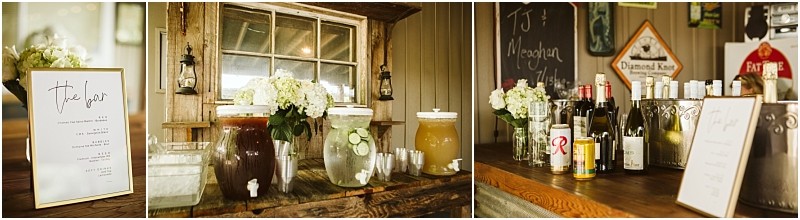 Premier snohomish & seattle wedding photographer | gsquared weddings photography a rustic drink bar perfect for a snohomish seattle wedding or engagement featuring a framed menu large dispensers of iced drinks wine and liquor bottles metal ice buckets and white flowers in vases on a wooden counter | serving snohomish seattle                   & beyond