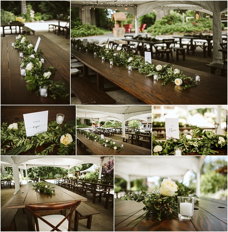 Premier snohomish & seattle wedding photographer | gsquared weddings photography collage of wedding reception tables under a white tent in snohomish decorated with greenery white roses candles and name cards The wooden tables and lush outdoor setting create an elegant rustic atmosphere for a seattle wedding engagement | serving snohomish seattle                   & beyond