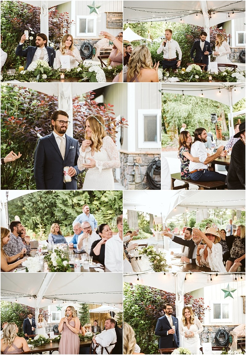 Premier snohomish & seattle wedding photographer | gsquared weddings photography a collage of snohomish seattle wedding reception scenes under a white canopy with guests sitting at tables giving toasts clapping and the bride and groom smiling and mingling with attendees | serving snohomish seattle                   & beyond