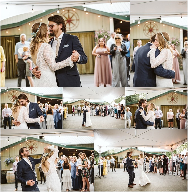 Premier snohomish & seattle wedding photographer | gsquared weddings photography a collage of wedding photos shows a snohomish bride and groom dancing outdoors under a tent surrounded by guests who watch and celebrate in a rustic setting The couple shares joyful and emotional moments during their first dance | serving snohomish seattle                   & beyond