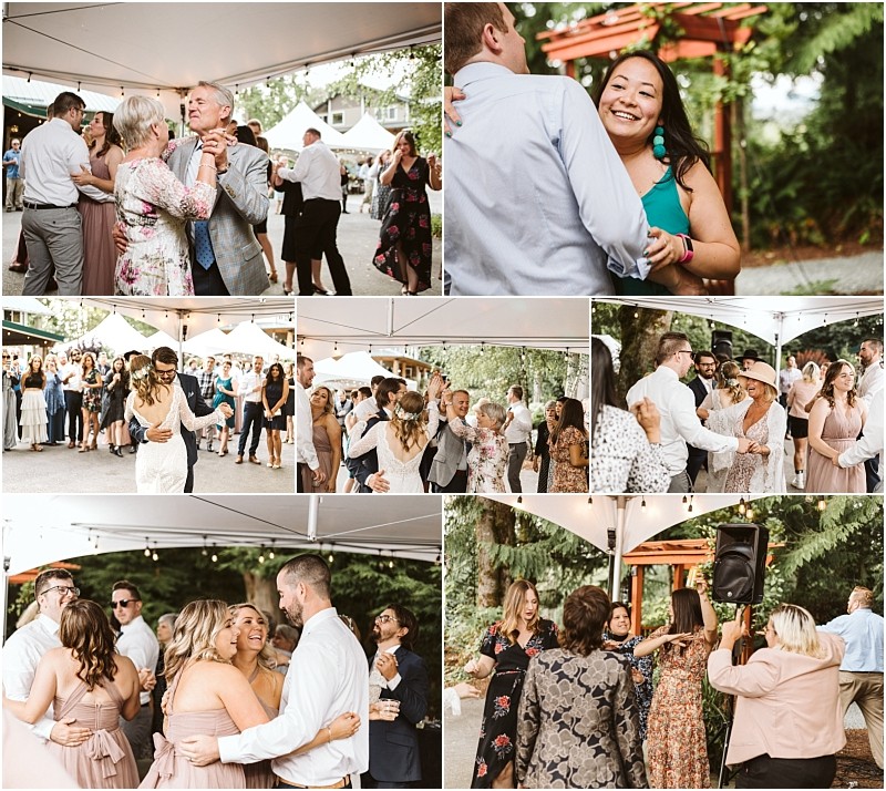 Premier snohomish & seattle wedding photographer | gsquared weddings photography a collage of people dancing laughing and celebrating at an outdoor snohomish seattle wedding under tents surrounded by greenery and festive decorations The group includes couples and friends enjoying the joyous occasion | serving snohomish seattle                   & beyond