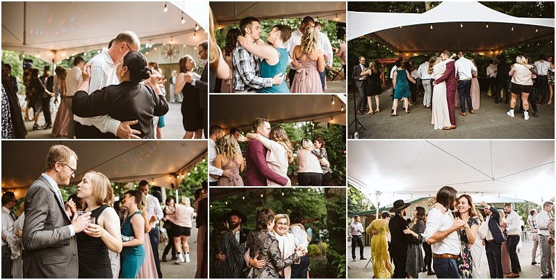 Premier snohomish & seattle wedding photographer | gsquared weddings photography a collage of outdoor snohomish wedding reception photos under a tent featuring couples and groups dancing hugging and celebrating in semi formal attire amid lush greenerycapturing the joy of a seattle engagement | serving snohomish seattle                   & beyond