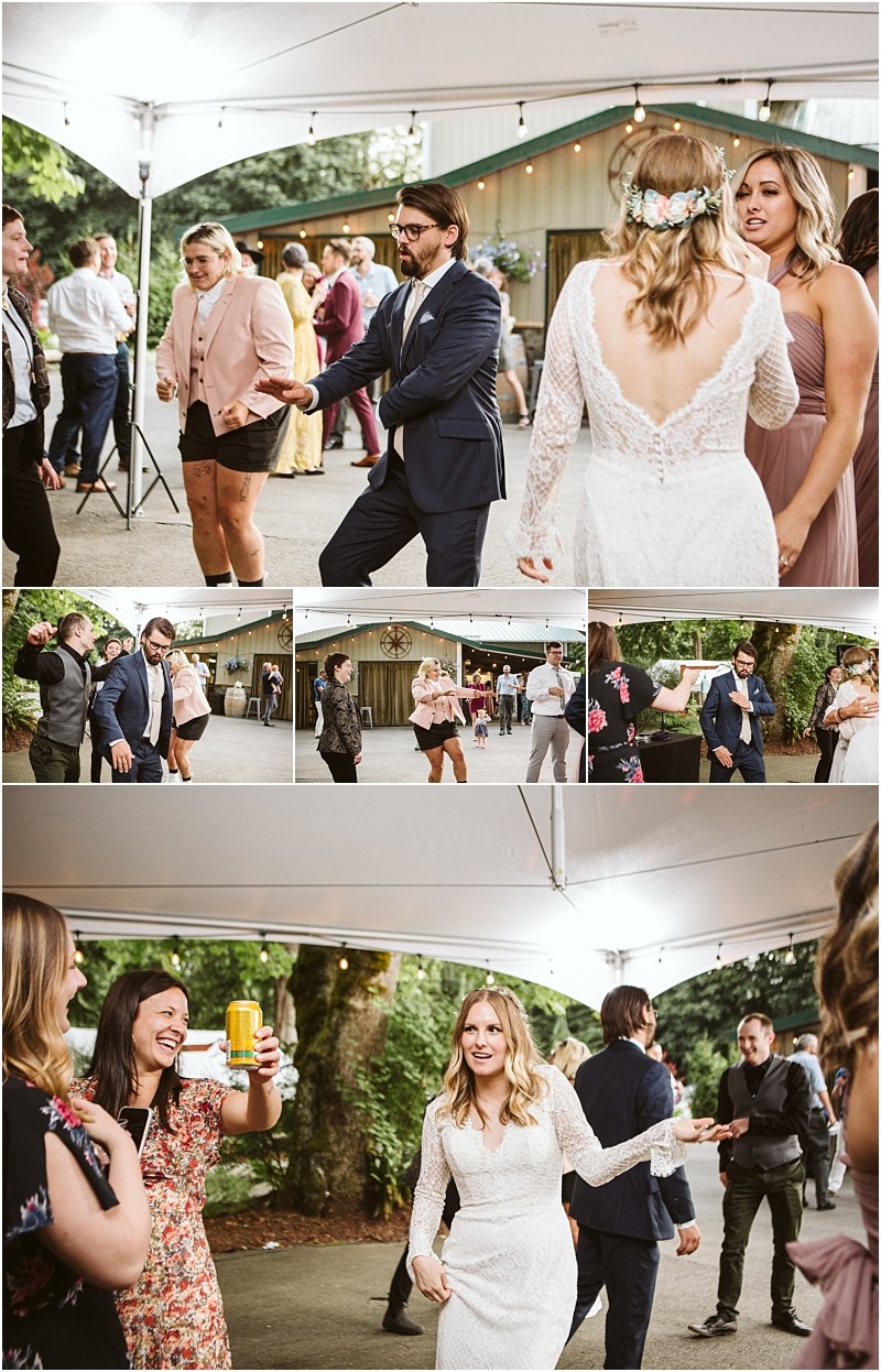 Premier snohomish & seattle wedding photographer | gsquared weddings photography a group of people dance and celebrate outdoors at a snohomish wedding reception The bride in a white dress and groom in a suit are smiling and mingling with guests under a white canopy | serving snohomish seattle                   & beyond