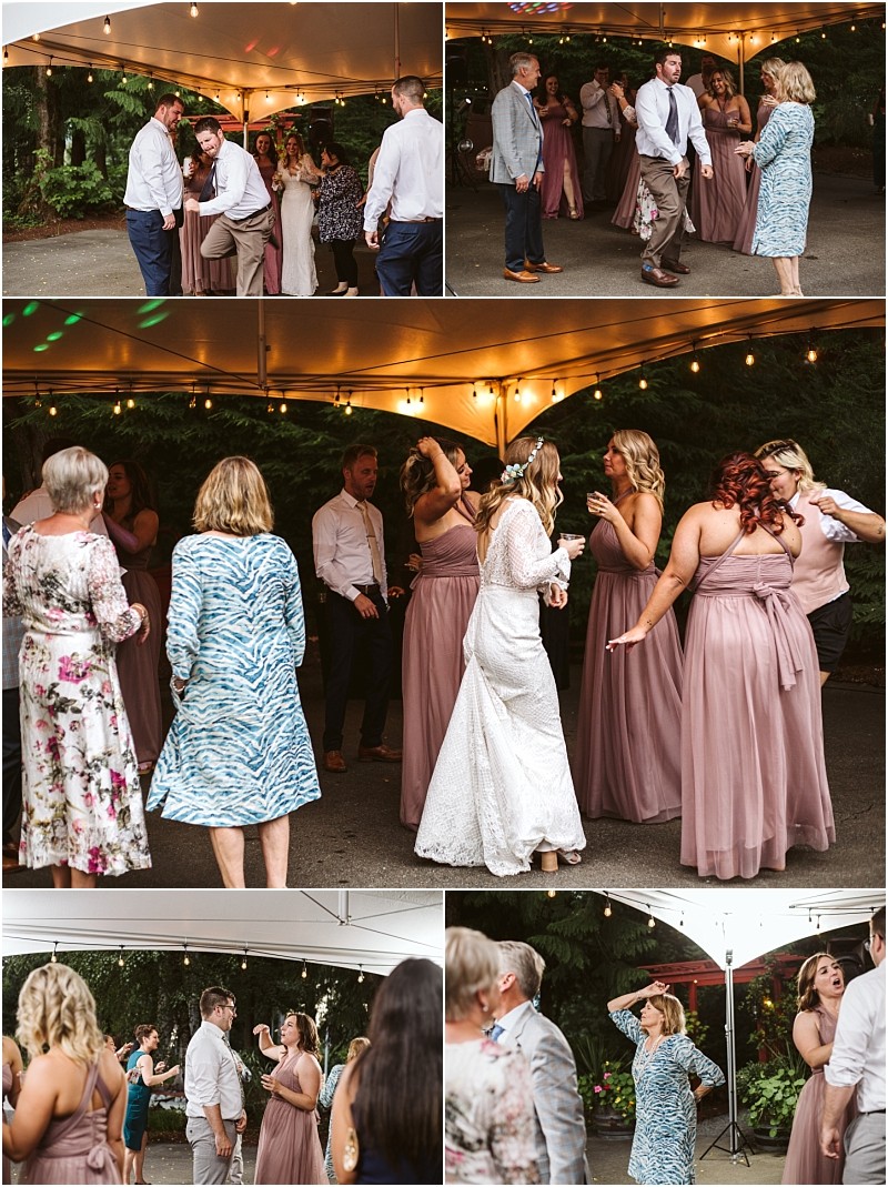 Premier snohomish & seattle wedding photographer | gsquared weddings photography a group of people including women in mauve dresses and a woman in a white bridal gown dance together outdoors under a tent decorated with string lights at a charming snohomish seattle wedding Some guests wear floral and patterned dresses | serving snohomish seattle & beyond Premier snohomish & seattle wedding photographer | gsquared weddings photography a group of people including women in mauve dresses and a woman in a white bridal gown dance together outdoors under a tent decorated with string lights at a charming snohomish seattle wedding Some guests wear floral and patterned dresses | serving snohomish seattle & beyond