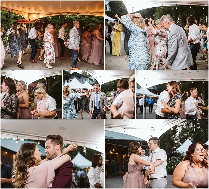 Premier snohomish & seattle wedding photographer | gsquared weddings photography a collage of wedding guests dancing and celebrating outdoors under a tent at a snohomish seattle wedding with people of various ages smiling embracing and enjoying the festivities in both daylight and evening settings | serving snohomish seattle                   & beyond