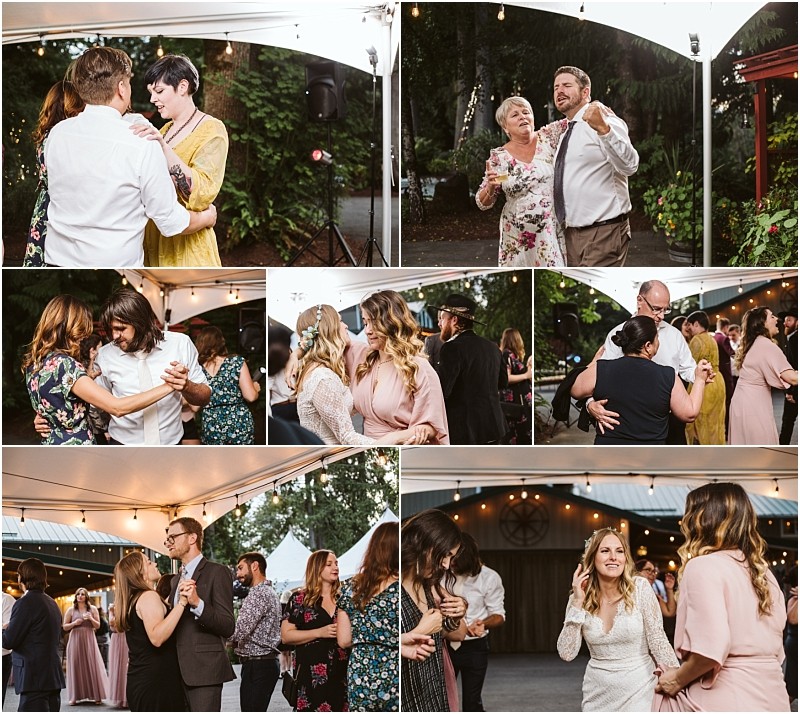 Premier snohomish & seattle wedding photographer | gsquared weddings photography a collage of wedding guests dancing under string lights outdoors at a snohomish seattle wedding couples and groups enjoy the celebration smiling in semi formal attire with greenery and a barn in the background | serving snohomish seattle                   & beyond