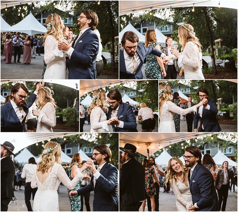 Premier snohomish & seattle wedding photographer | gsquared weddings photography a collage of wedding photos shows a snohomish bride and groom dancing joyfully outdoors surrounded by guests Both are smiling and laughing under string lights wearing elegant wedding attire Trees and a tent are visible in the background | serving snohomish seattle                   & beyond