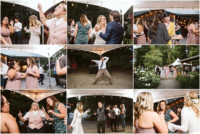 Premier snohomish & seattle wedding photographer | gsquared weddings photography a collage of snohomish wedding reception photos shows guests dancing and celebrating outdoors under string lights with people smiling laughing and enjoying the festive atmosphere in both group and candid shots | serving snohomish seattle                   & beyond