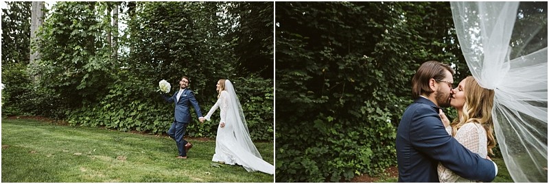 Premier snohomish & seattle wedding photographer | gsquared weddings photography a snohomish bride and groom celebrate outdoors in the first image they walk hand in hand smiling with the groom holding a bouquet in the second they embrace and kiss the brides veil flowing in the air | serving snohomish seattle                   & beyond