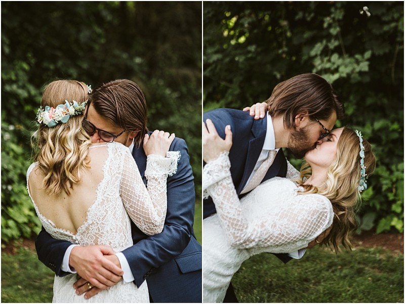 Premier snohomish & seattle wedding photographer | gsquared weddings photography side by side photos of a bride and groom sharing a kiss outdoors at their snohomish wedding The bride wears a lace dress and floral crown while the groom wears a navy suit Green foliage fills the background | serving snohomish seattle                   & beyond
