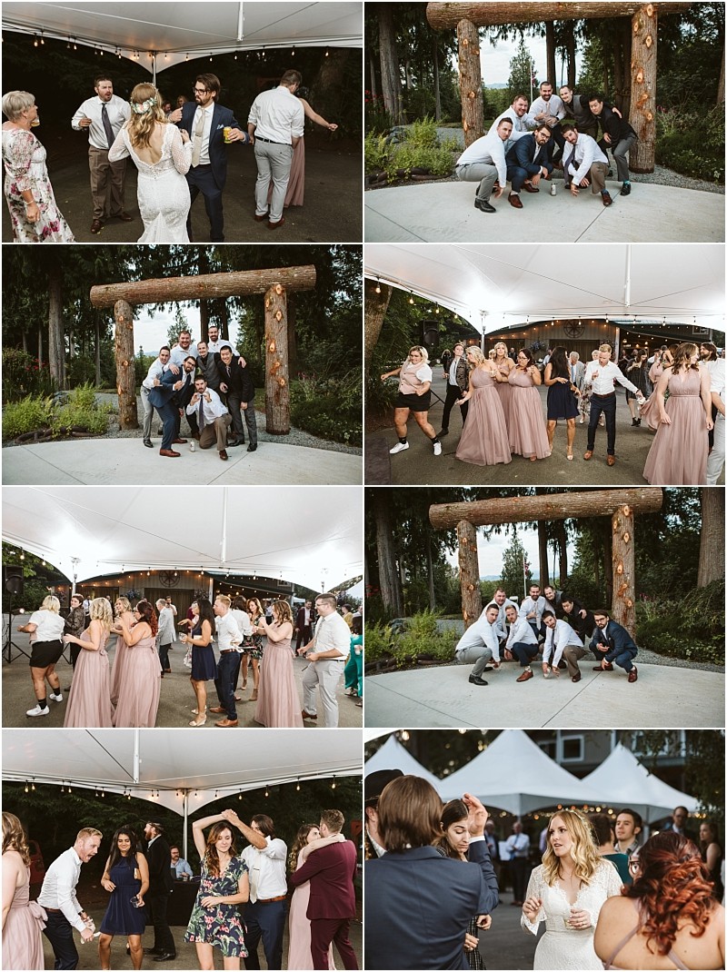 Premier snohomish & seattle wedding photographer | gsquared weddings photography a collage of snohomish wedding reception scenes shows guests dancing posing playfully under a wooden arch and celebrating outdoors under a tent People are smiling wearing semi formal attire and enjoying the festive atmosphere | serving snohomish seattle                   & beyond