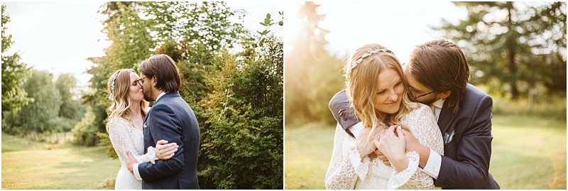 Premier snohomish & seattle wedding photographer | gsquared weddings photography two photos of a couple outdoors on the left they kiss gently arms wrapped around each other on the right during their snohomish engagement near seattle the man hugs the woman from behind as she smiles amid soft sunlight and greenery | serving snohomish seattle                   & beyond