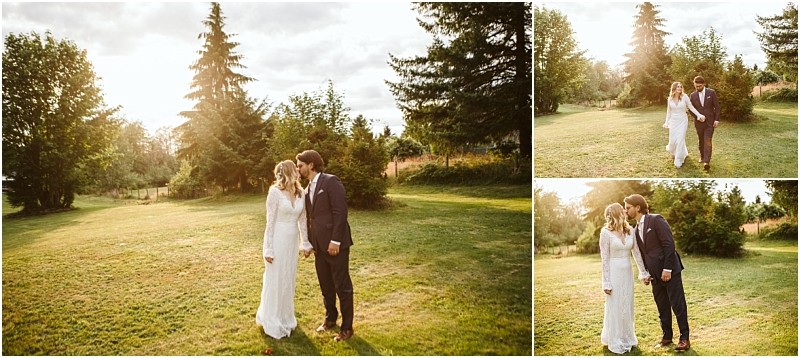 Premier snohomish & seattle wedding photographer | gsquared weddings photography a bride in a white dress and a groom in a dark suit walk hand in hand on a sunlit grassy field surrounded by trees sharing a quiet intimate momentcapturing the essence of a snohomish seattle wedding engagement | serving snohomish seattle                   & beyond
