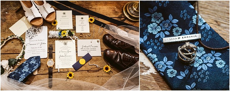 Premier snohomish & seattle wedding photographer | gsquared weddings photography a flat lay of snohomish wedding items on wood including invitations sunflower decor shoes rings jewelry a blue floral clutch a white veil and a close up of wedding rings on blue floral fabric Perfect inspiration for a seattle engagement | serving snohomish seattle                   & beyond