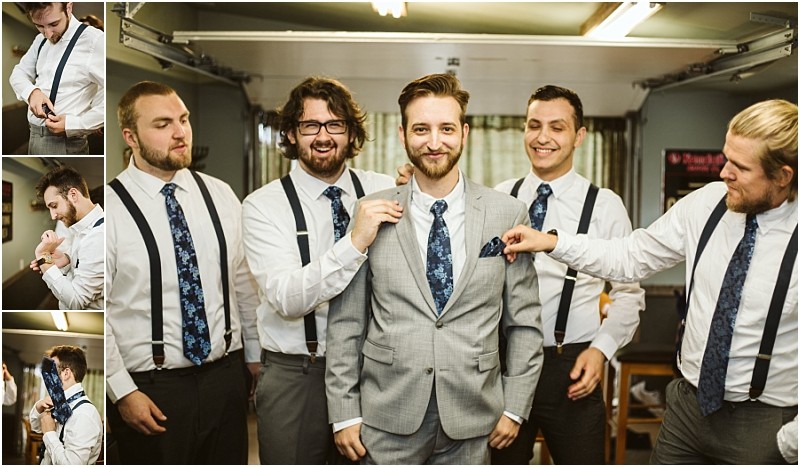 Premier snohomish & seattle wedding photographer | gsquared weddings photography a groom in a light gray suit stands smiling as four groomsmen in white shirts suspenders and floral ties help him get ready for his snohomish seattle wedding smaller side images show close ups of the preparations | serving snohomish seattle                   & beyond