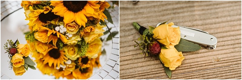 Premier snohomish & seattle wedding photographer | gsquared weddings photography a bouquet of sunflowers and yellow roses sits on a mirrored surface perfect for a snohomish seattle wedding next to a close up of a boutonniere with yellow roses and greenery beside a silver pocket knife on wooden boards | serving snohomish seattle                   & beyond