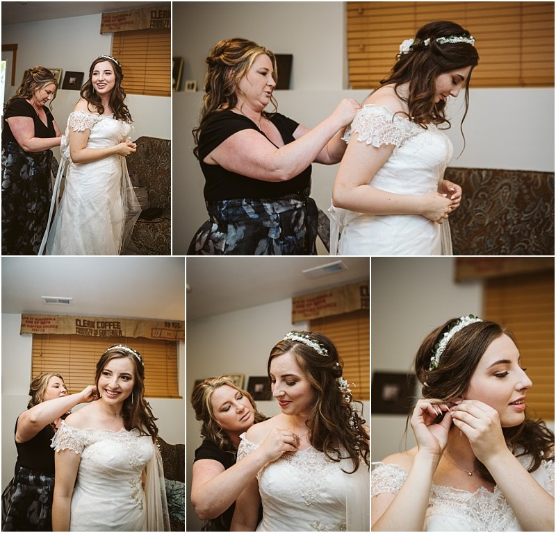 Premier snohomish & seattle wedding photographer | gsquared weddings photography a bride in a white off shoulder gown is helped by a woman as she gets ready for her snohomish wedding The woman adjusts the brides dress and veil while the bride smiles and puts on earrings in a cozy indoor setting | serving snohomish seattle                   & beyond