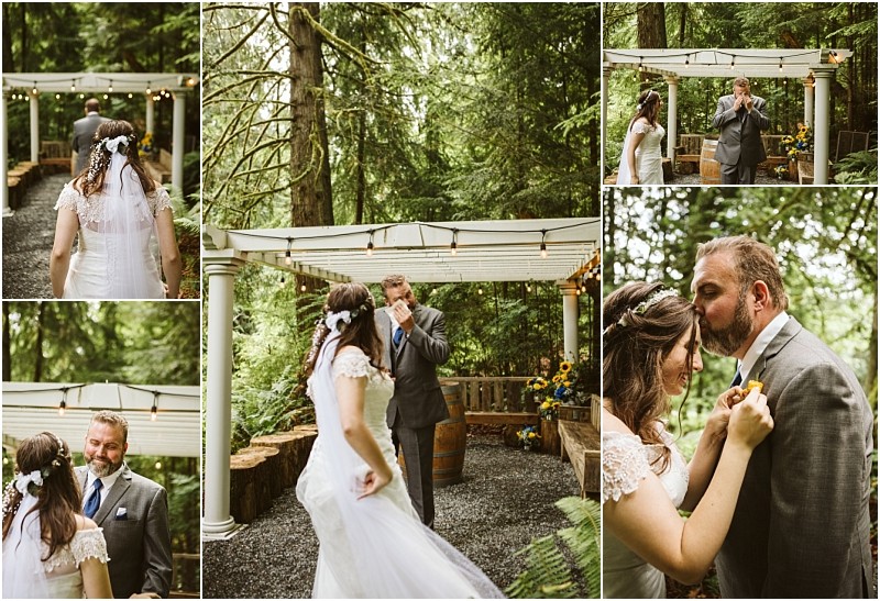 Premier snohomish & seattle wedding photographer | gsquared weddings photography a bride and groom share an emotional first look in a forest setting at their snohomish wedding with the groom visibly moved and wiping tears as they embrace under a pergola decorated with sunflowers | serving snohomish seattle                   & beyond