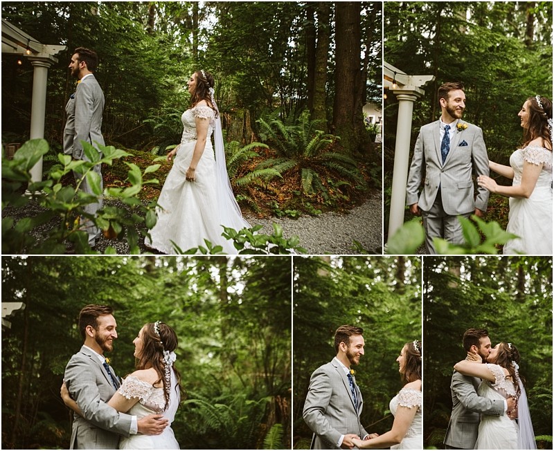 Premier snohomish & seattle wedding photographer | gsquared weddings photography a bride and groom see each other for the first time on their snohomish wedding day in a wooded outdoor setting They smile embrace and hold hands surrounded by lush seattle greenery and towering trees | serving snohomish seattle                   & beyond