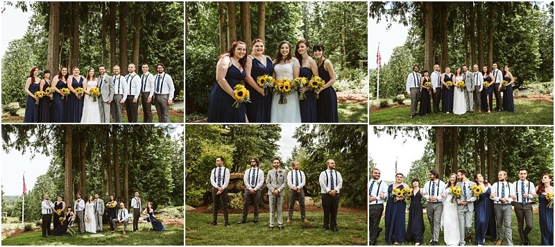 Premier snohomish & seattle wedding photographer | gsquared weddings photography a collage of six outdoor snohomish wedding photos shows the bridal party posing among tall trees The group includes bridesmaids holding sunflowers groomsmen in suspenders and couples in various arrangements all smiling | serving snohomish seattle                   & beyond