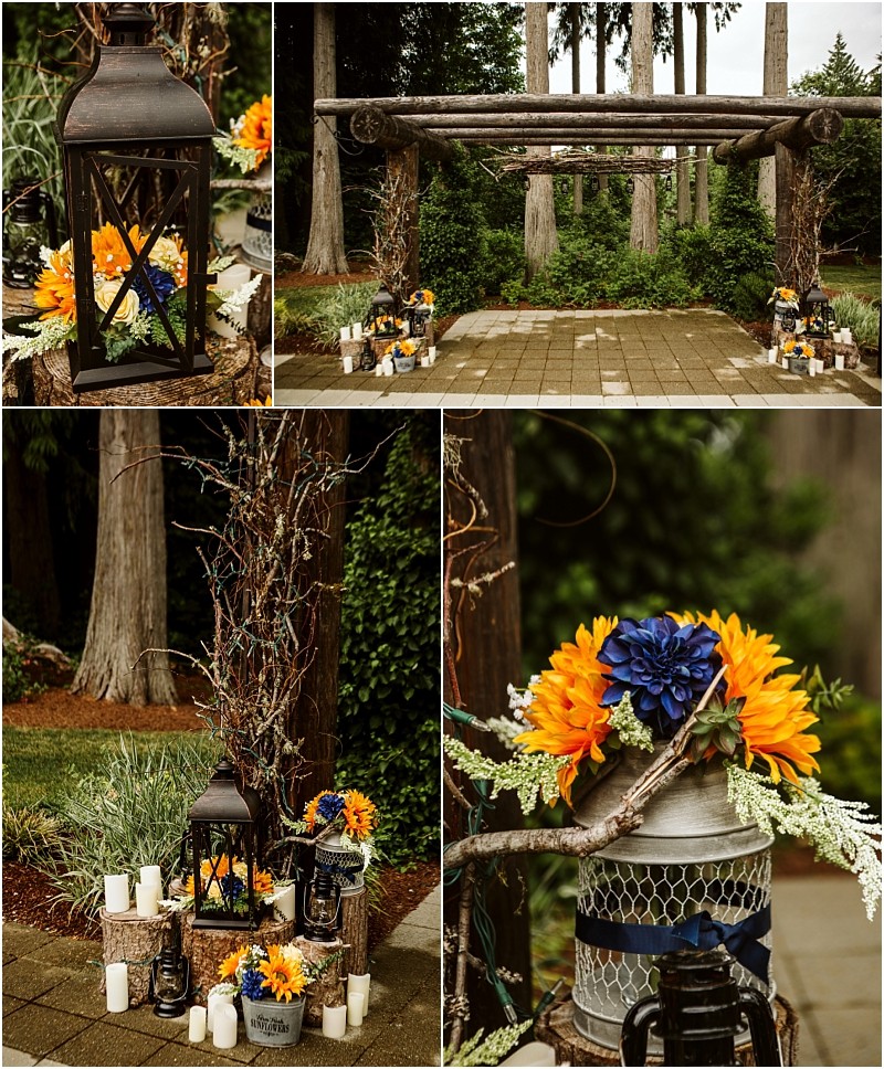 Premier snohomish & seattle wedding photographer | gsquared weddings photography outdoor snohomish wedding ceremony setup with a rustic wooden arch lanterns white candles sunflowers dark blue flowers and lush greeneryperfect for a seattle engagement celebration | serving snohomish seattle                   & beyond