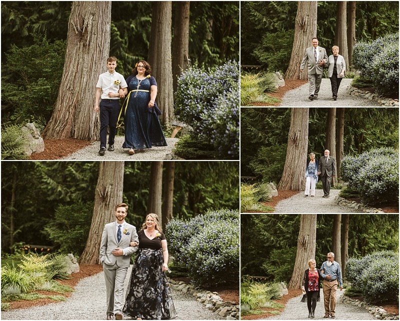 Premier snohomish & seattle wedding photographer | gsquared weddings photography a collage of five photos shows people in formal attire walking along a gravel path surrounded by tall trees and greenery at a snohomish outdoor wedding event near seattle | serving snohomish seattle                   & beyond