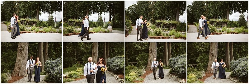 Premier snohomish & seattle wedding photographer | gsquared weddings photography a collage of eight photos shows bridesmaids and groomsmen in navy and white walking in pairs and individually outdoors at a snohomish seattle wedding surrounded by green trees and garden scenery | serving snohomish seattle                   & beyond