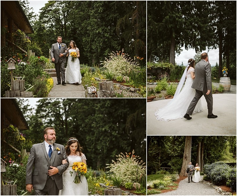 Premier snohomish & seattle wedding photographer | gsquared weddings photography a bride in a white dress holding yellow flowers is escorted by a man in a gray suit along garden paths surrounded by greenery and tall trees during their snohomish seattle wedding They walk together in different areas and angles | serving snohomish seattle                   & beyond