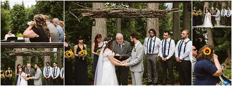 Premier snohomish & seattle wedding photographer | gsquared weddings photography a collage of outdoor wedding photos near snohomish shows a bride and groom exchanging vows under a wooden arch bridesmaids holding sunflowers groomsmen in suspenders and guests watching in a forested seattle wedding setting | serving snohomish seattle                   & beyond