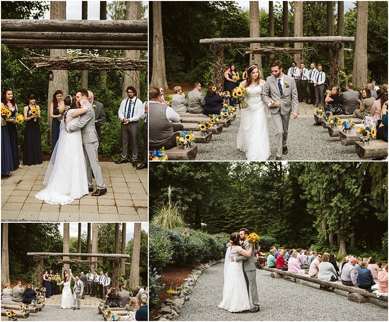 Premier snohomish & seattle wedding photographer | gsquared weddings photography a bride and groom kiss and walk down the aisle at their snohomish outdoor wedding ceremony surrounded by guests seated on benches with trees and rustic wooden beams in the background | serving snohomish seattle                   & beyond