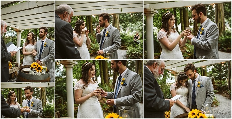 Premier snohomish & seattle wedding photographer | gsquared weddings photography a collage of six photos captures a snohomish bride and groom exchanging vows and sharing a drink during their outdoor wedding ceremony beside a barrel decorated with sunflowers with an officiant present and trees in the background | serving snohomish seattle                   & beyond