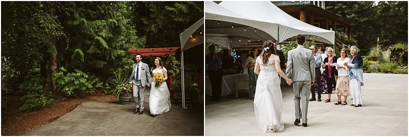 Premier snohomish & seattle wedding photographer | gsquared weddings photography a bride and groom walk hand in hand outdoors in the second frame they approach a white tent where guests await them at their snohomish wedding reception near seattle | serving snohomish seattle                   & beyond